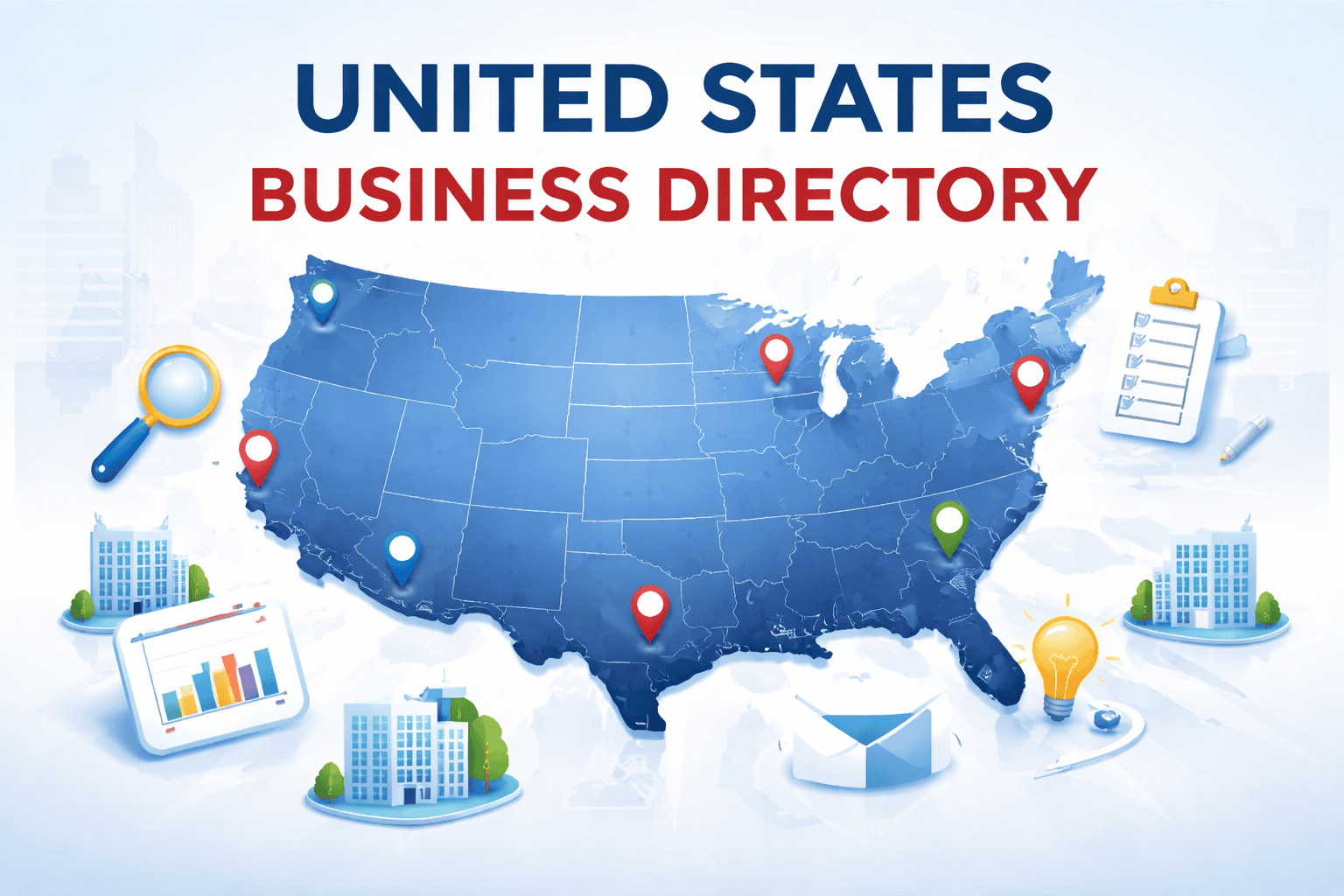 United States Business Directory – map of the United States with business location markers representing companies across the U.S.