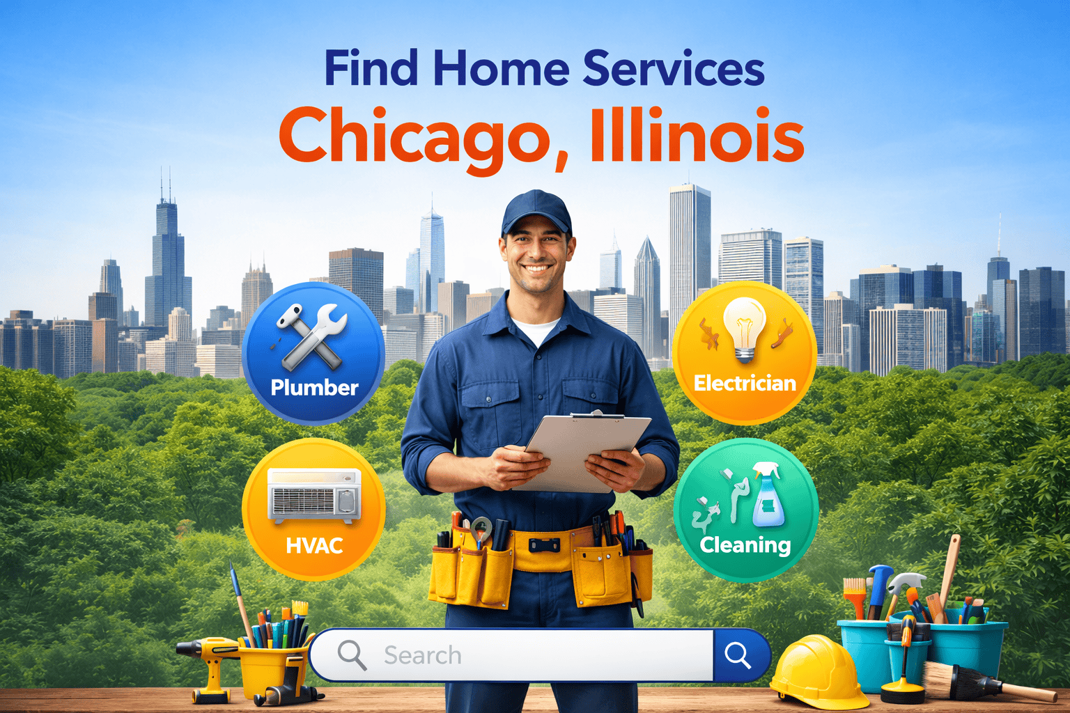 Home services in Chicago, Illinois – wide banner showing a professional home service provider with tools and the Chicago skyline in the background