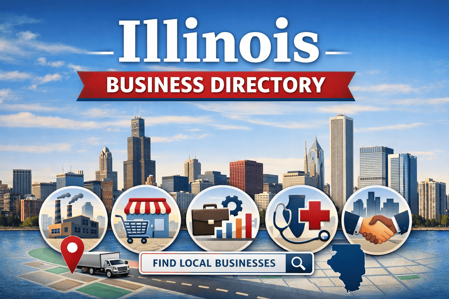 Illinois business directory wide banner featuring the Chicago skyline and icons representing local industries and companies across Illinois