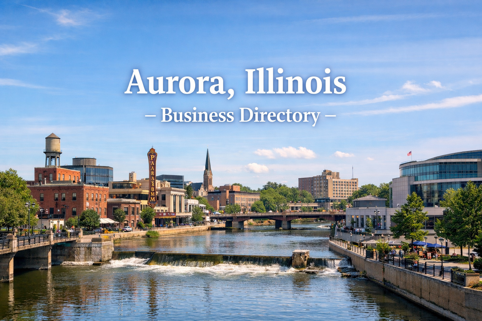 Aurora Illinois business directory with downtown city view